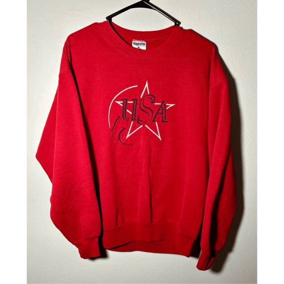 Vtg Patriotic “USA” America 4th of July Red Crewneck Pullover Sweatshirt Sz L - Picture 1 of 9